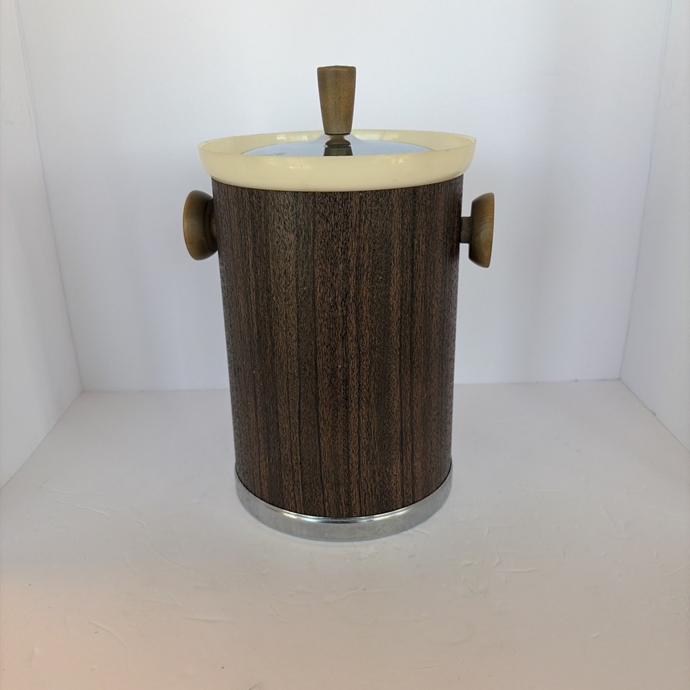 Kromex Mid Century Modern MCM Wood look Chrome Ice Bucket Vintage 11 1/2" Tall